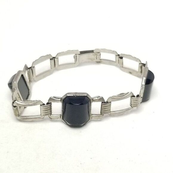 Vintage Art Deco Style Black Cabochon and Silver Tone Panel Chain Bracelet - Picture 1 of 5